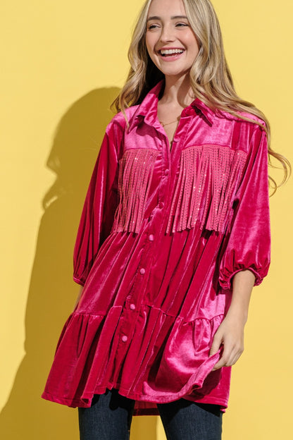 Style Stampede Magenta Velvet Shirt Dress Tunic