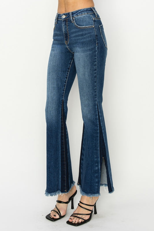 The Shadow High Rise Kick Flare Jeans paired with strappy heels 