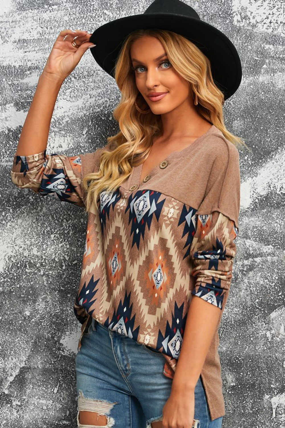 The Delgada Western Aztec Print Mock Henley