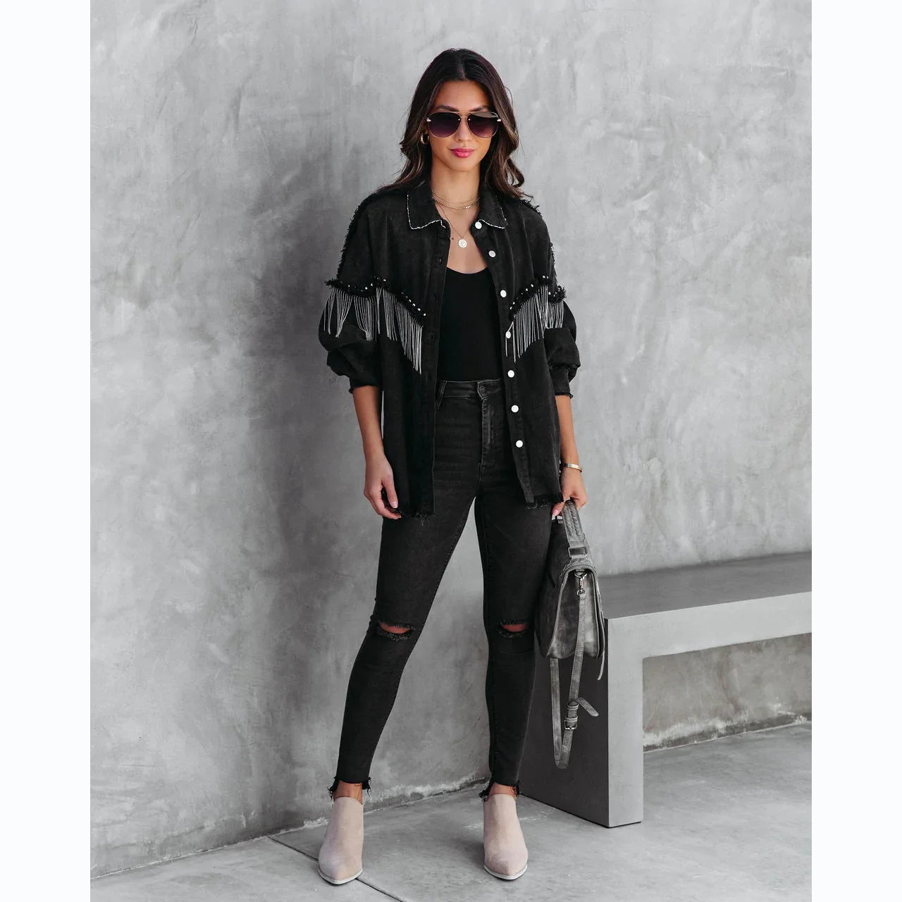 The Black Pearl Oversized Fringed Denim Shacket