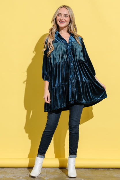 Style Stampede Teal Velvet Shirt Dress Tunic