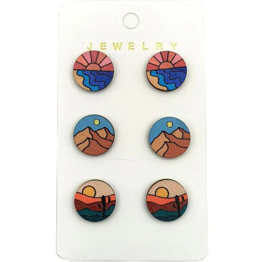 The Vista Collection Retro Landscape on Wood Earring Sets