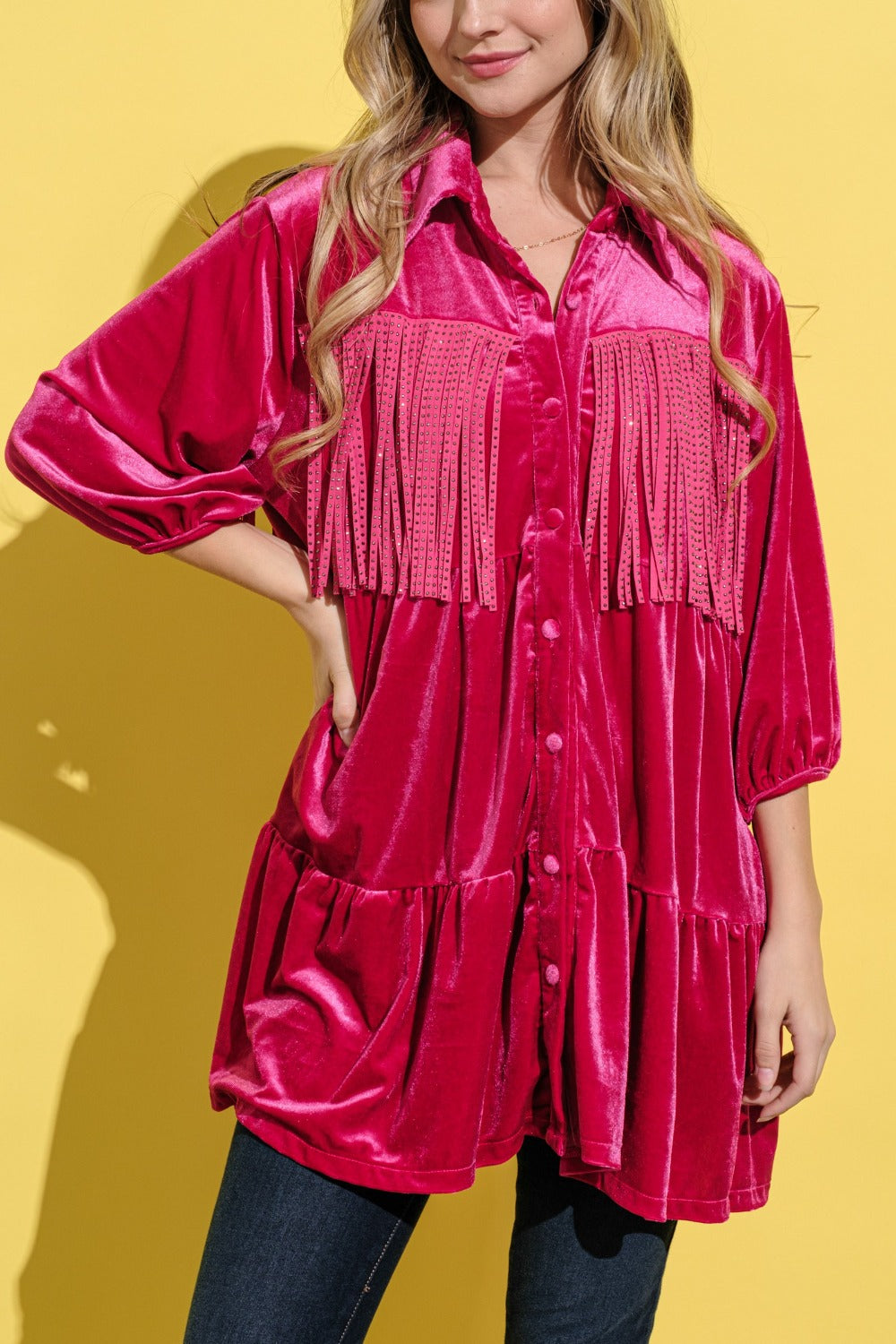 Style Stampede Magenta Velvet Shirt Dress Tunic