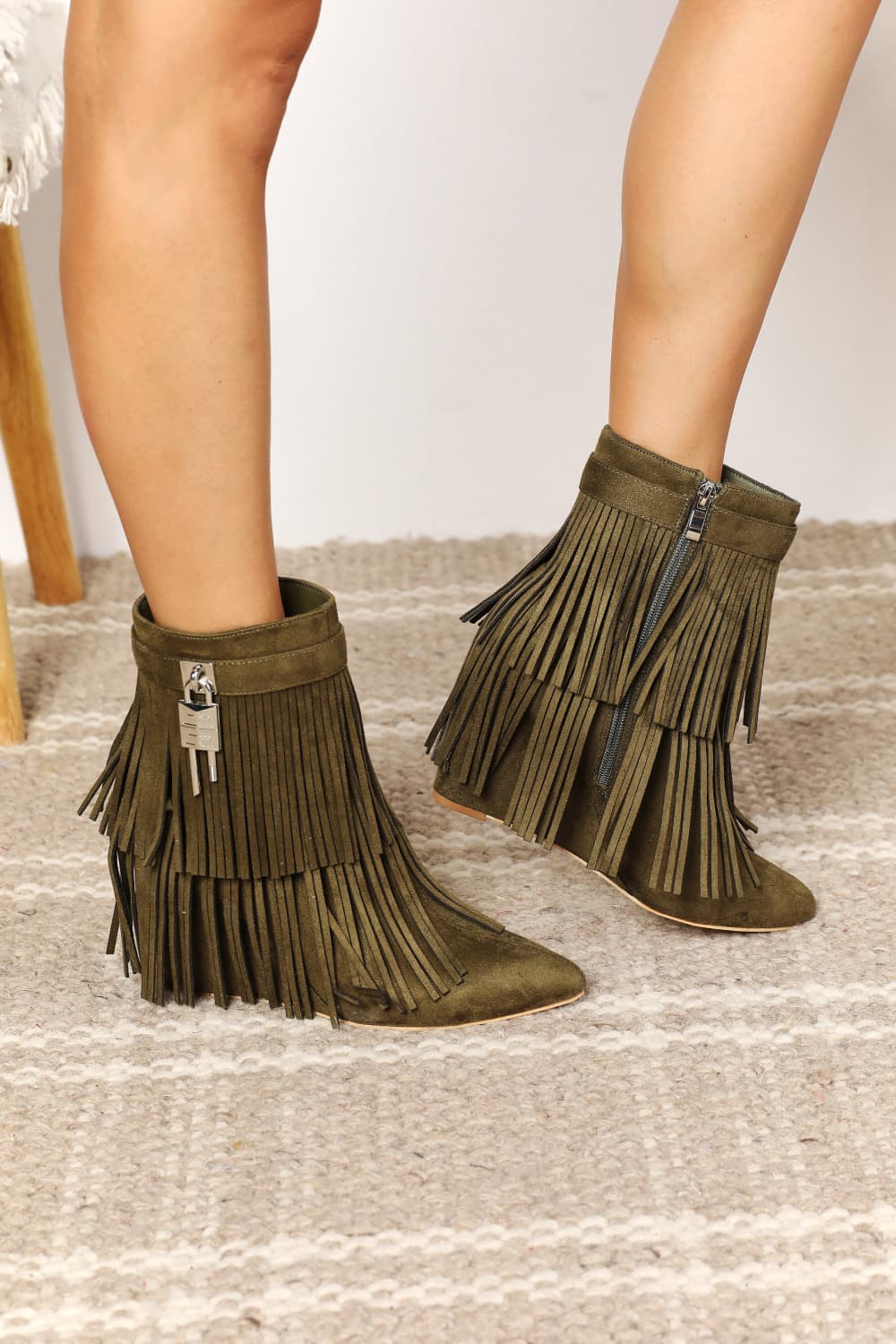 Legend Olive Wedge Heel Fringe Ankle Booties