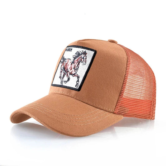 A Western trucker cap with an embroidered patch depicting a wild mustang, on it is the word "horse"