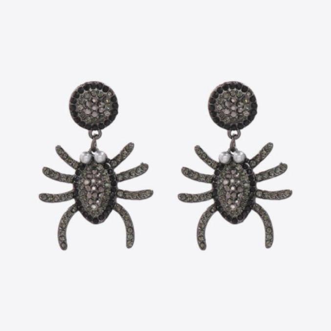 A pair of black pave rhinestone spider earrings in black and grey