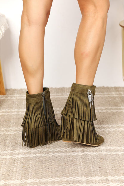 Legend Olive Wedge Heel Fringe Ankle Booties