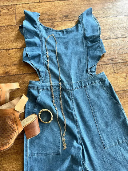 The Jolene Ruffled Open Back Denim Jumpsuit