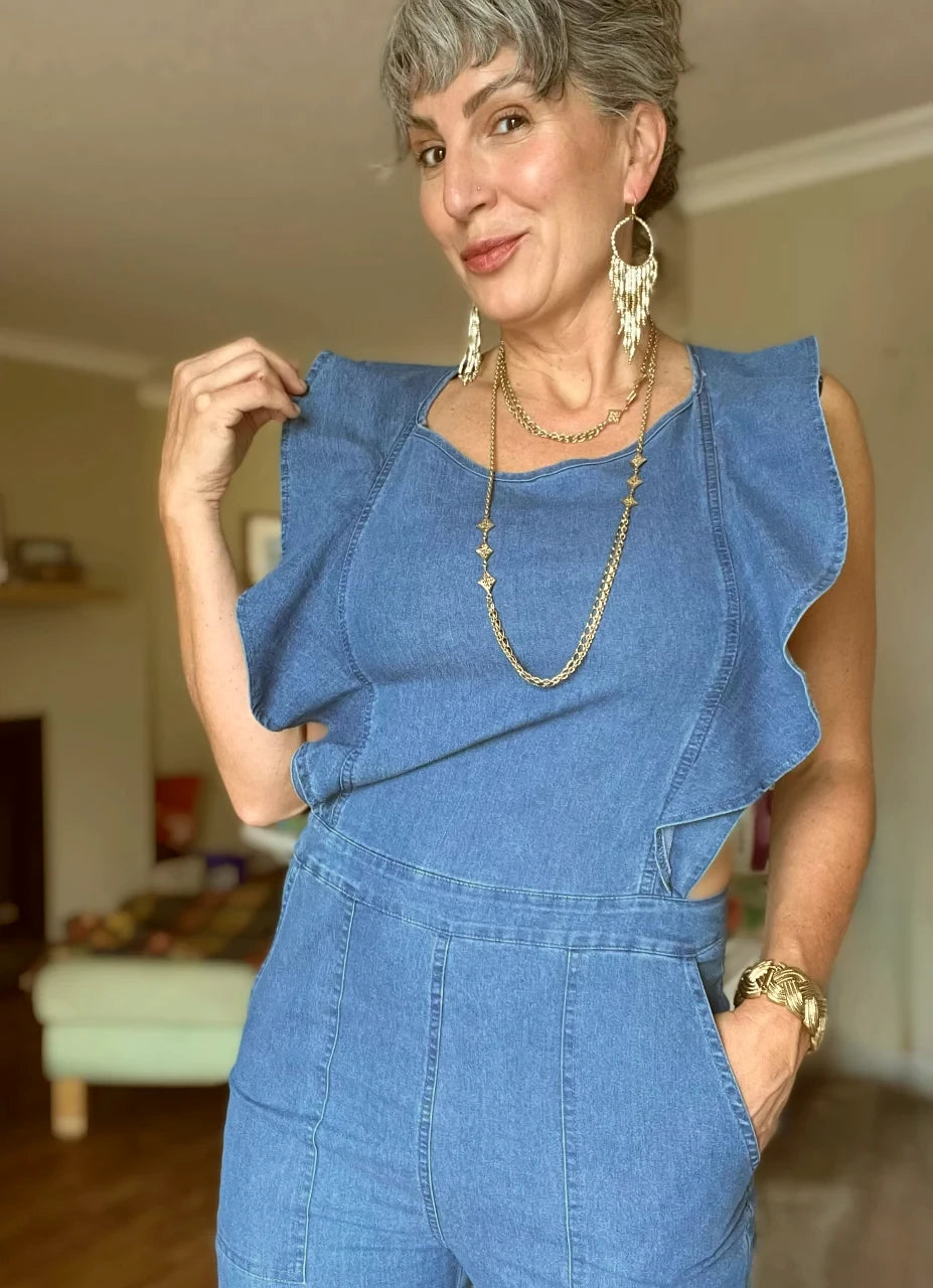 The Jolene Ruffled Open Back Denim Jumpsuit