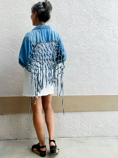 The Mullet Cropped Denim Jacket With Woven Fringe Back