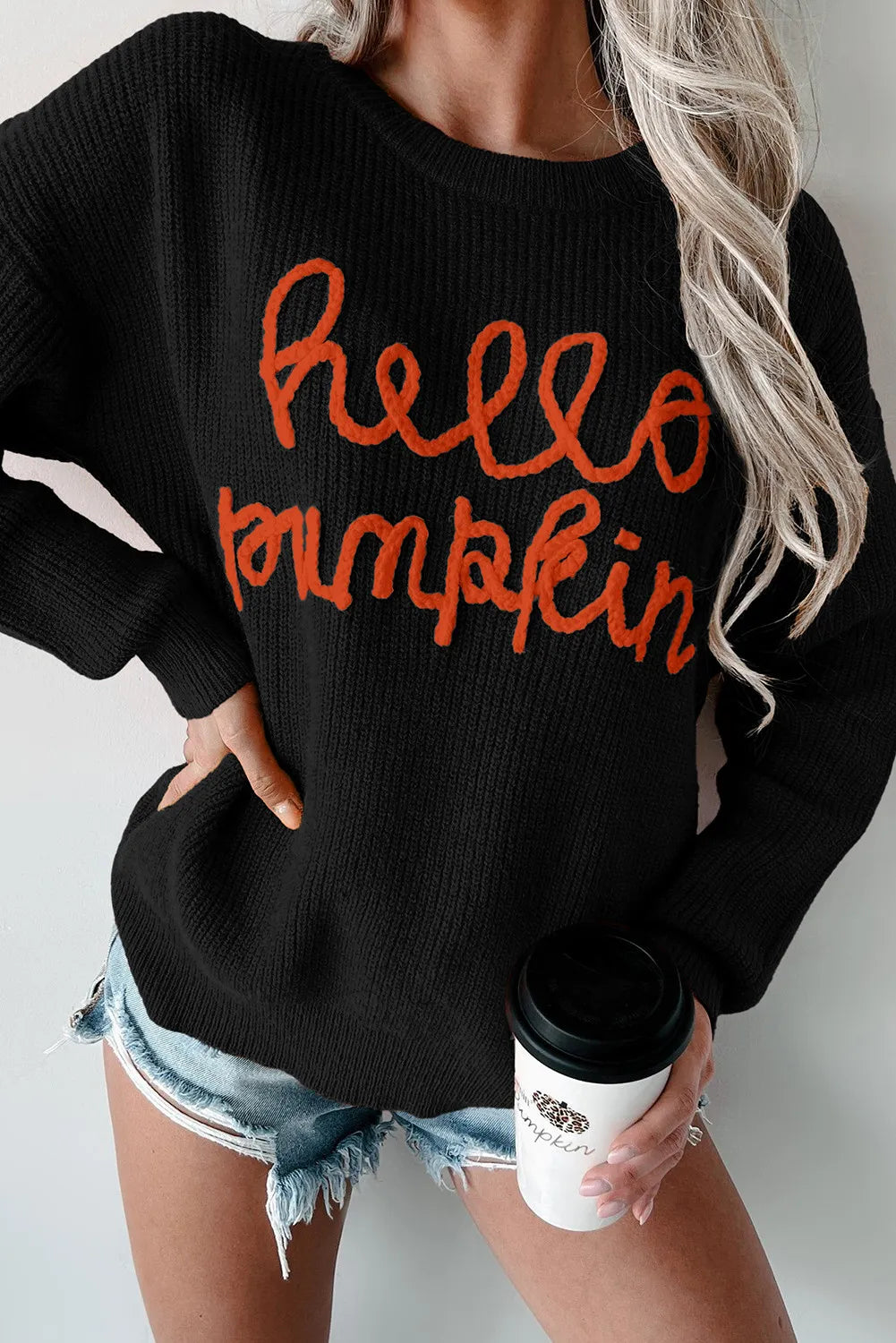 Hello Pumpkin Ribbed Pullover Sweater