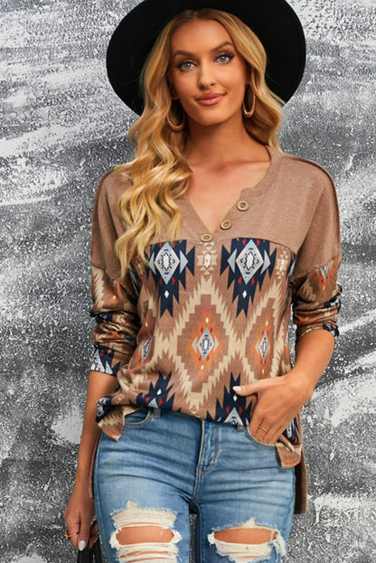 The Delgada Western Aztec Print Mock Henley