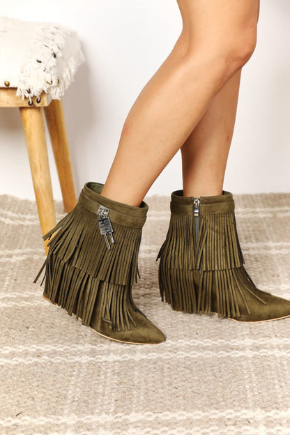 Legend Olive Wedge Heel Fringe Ankle Booties