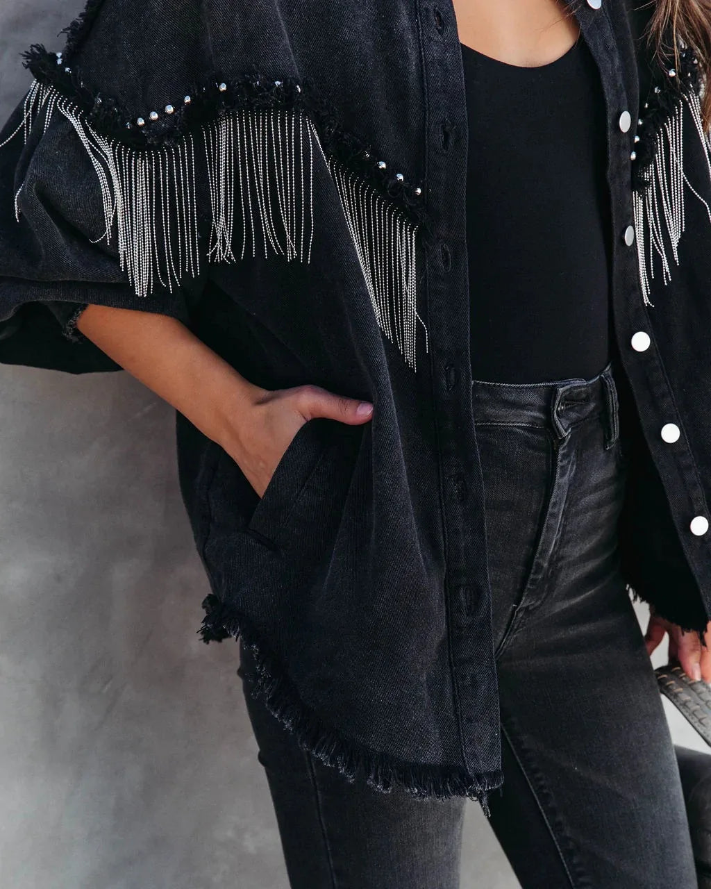 The Black Pearl Oversized Fringed Denim Shacket