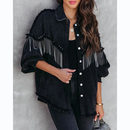 The Black Pearl Oversized Fringed Denim Shacket