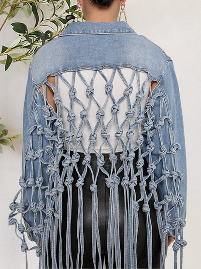 The Mullet Cropped Denim Jacket With Woven Fringe Back