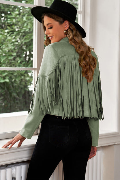 The Reba Vegan Suede Fringe Moto Jacket