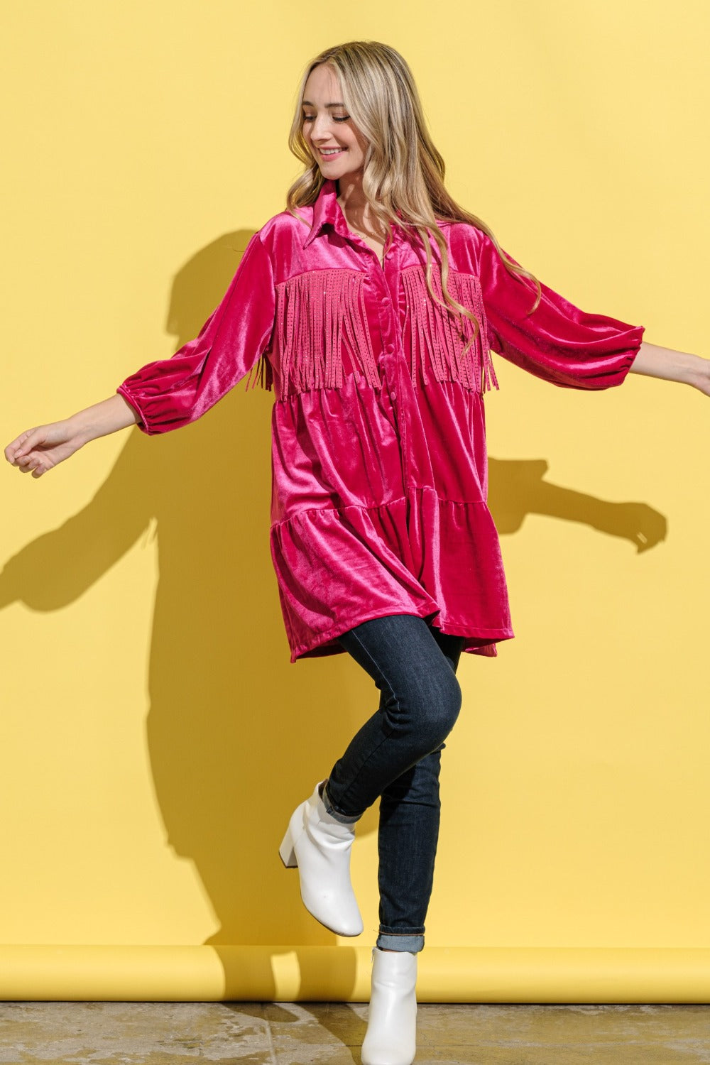 Style Stampede Magenta Velvet Shirt Dress Tunic