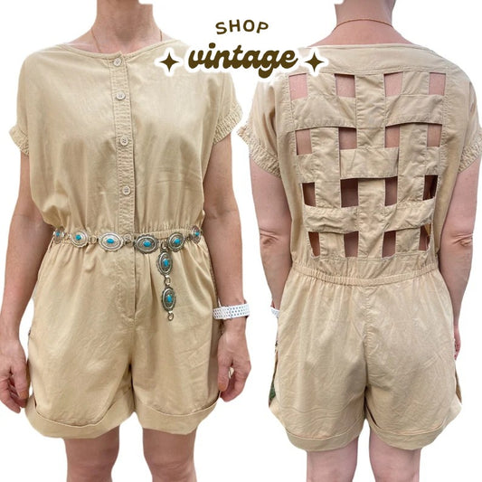 Vintage 80s Open Back Cotton Shorts Romper (S/M)