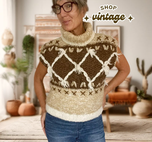 1980s Vintage Sleeveless Cowl Neck Tassel Sweater (L)
