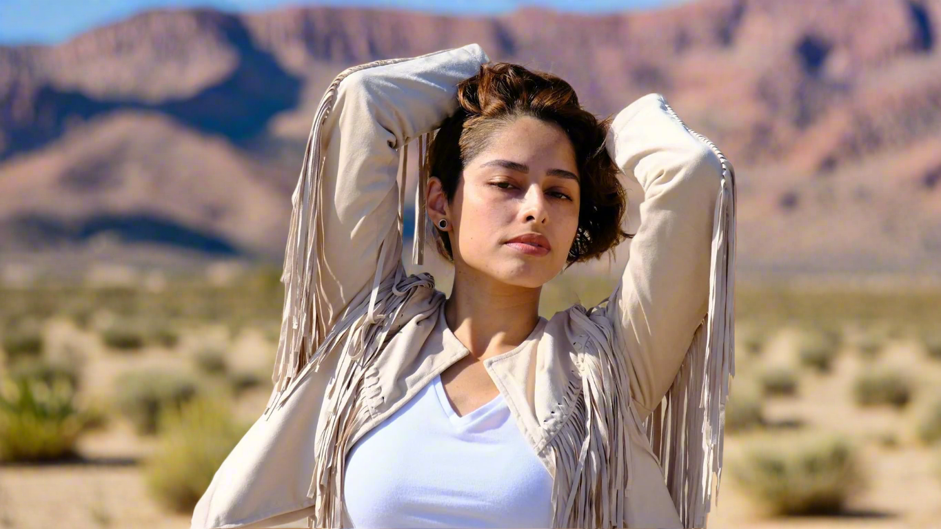 A woman wearing a light. beige fringed suede jacket standing in the desert.