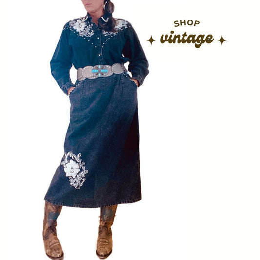 Vintage 80s Black Acid Wash Denim Western Skirt and Blouse Set (L/XL)